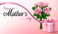 Happy Mothers Day. Gift box and bouquet of pink roses with ribbon. Light pink greeting background.